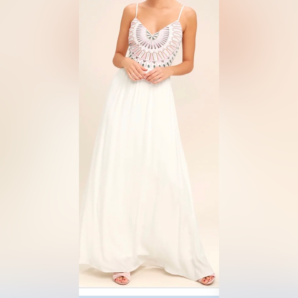Lulu's Ascension Island White Embroidered Maxi Dress Size Medium Spring/Summer